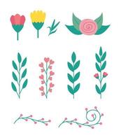 set of cute flowers and branches with leafs vector