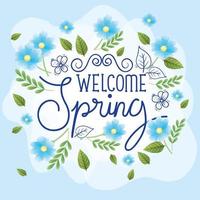 welcome spring with frame of flowers and leafs vector