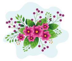 decoration of flowers purple color with branches and leafs vector