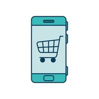 Dispositivo de teléfono inteligente con carrito de compras icono aislado vector