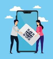 escanear el código qr con smartphone y pareja de negocios vector