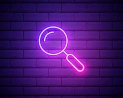 Glowing neon Magnifying glass icon isolated on brick wall background. Search, focus, zoom, business symbol. Vector Illustration