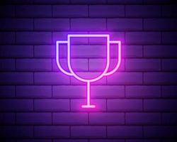 Glowing neon sign with award cup on dark brick wall background. Winner cup honorary trophy neon symbol. Vector illustration