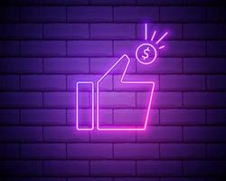 Hand with coin neon light line art vector icon.Flip coin icon. Toss coin symbol. Outline symbol of payment. Investment pictogram made of thin stroke. Isolated on brick wall background.