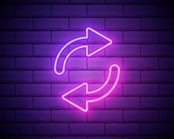 Glowing neon line Refresh icon isolated on brick wall background. Reload symbol. Rotation arrows in a circle sign. Vector Illustration