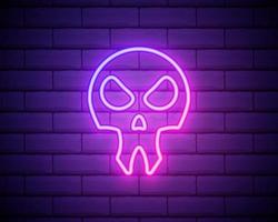 The image of the skull of neon purple lamps with a bright glow on the background of a brick wall. vector