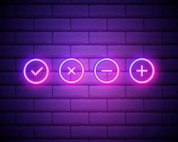 Plus, check, minus, cross sign neon icon. Simple thin line, outline vector of web icons for ui and ux, website or mobile application isolated on brick wall