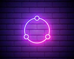 Glowing neon line Share icon isolated on brick wall background. Share, sharing, communication pictogram, social media, connection, network, distribute sign. Colorful outline concept. Vector