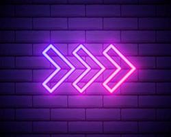 Neon arrow sign. Glowing neon arrow pointer on brick wall background. Retro signboard with bright neon tubes. Vector