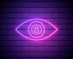 eye neon icon.Eye with padlock icon. Security and safe concept.Privacy. Elements of media, press set. Simple icon for websites, web design, mobile app, info graphics isolated on brick wall. vector