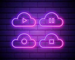 Glowing neon line Cloud download music icon isolated on brick wall background. Music streaming service, sound cloud computing, online media streaming, audio wave. Colorful outline concept. Vector