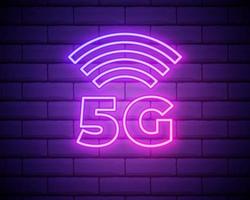 Neon 5G network Icon, Mobile Technology. Neon Sign, Wireless 5G internet connection with High speed data transfer rate for phones. Isolated glowing Symbol, Vector illustration isolated on brick wall