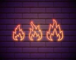 Neon fire icon. Elements in neon style icons. Simple neon flame icon for websites, web design, mobile app isolated on brick wall vector