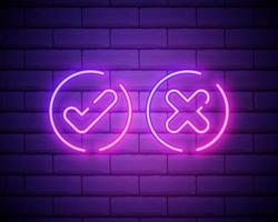 Neon check mark and cross on brick wall. Pink tick and decline symbol isolated on brick wall. Accept and reject. Right and wrong. Bright neon design for games, app, web page. Vector illustration