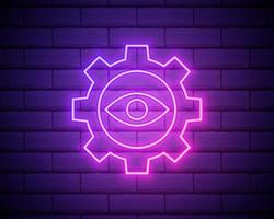 Eye and gear neon icon. Simple thin line, outline vector of startup icons for ui and ux, website or mobile application isolated on brick wall.