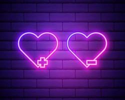 add and minus heart neon icon. Elements of social media network set. Simple icon for websites, web design, mobile app, info graphics isolated on brick wall vector