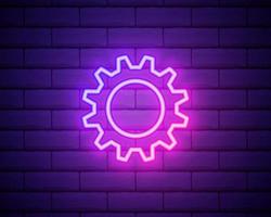 Gear, maintenance. Pink neon vector icon. Glowing gear symbol isolated on brick wall background.