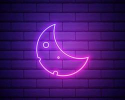 Simple moon. Weather symbol. Linear icon with thin outline. Neon style. Light decoration icon. Bright electric symbol isolated on brick wall. vector