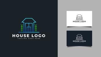 Logotipo inmobiliario con concepto minimalista en degradado azul. Logotipo de construcción, arquitectura, edificio o casa. vector