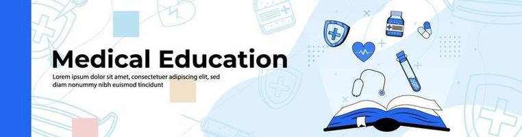 Medical Education Web Banner Design.open ledger with medicine, health and medical tools. header or footer banner. vector