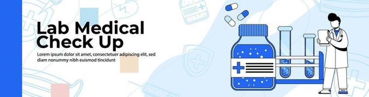 Lab Medical Checkup Web Banner Design. The doctor checks the sample in the lab.header or footer banner. vector