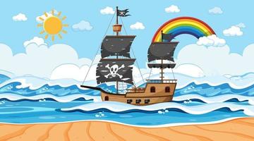 Ocean with Pirate ship at day time scene in cartoon style vector