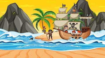 Island with Pirate ship at sunset scene in cartoon style vector