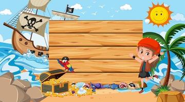 Pirate girl at the beach daytime scene with an empty banner template vector