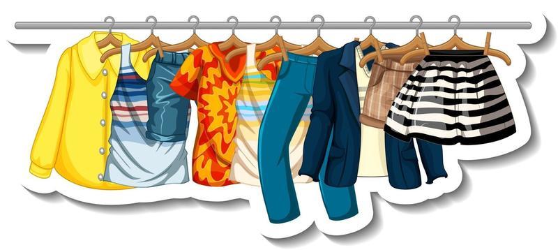 A sticker template of Clothes racks with many clothes on hangers on white background