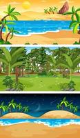 Tres escenas horizontales de bosque diferentes. vector