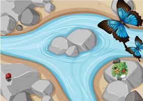 Top view of river scene with butterfly and ladybugs vector