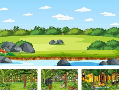 Set of different nature horizontal scene with various wild animals vector