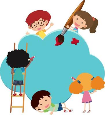 Empty banner cloud shape with many kids cartoon character