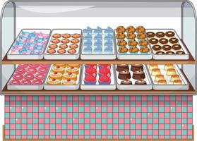 Bakery display stand with cake and sweet on white background vector