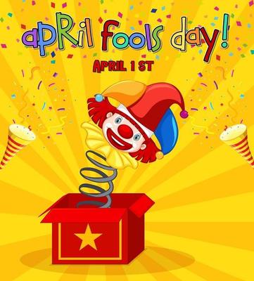 April Fool's Day font logo with Jester from surprise box on yellow background