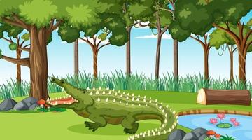 A crocodile in forest at daytime scene with many trees vector