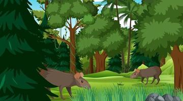 Capybara family in forest or rainforest scene with many trees vector