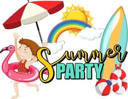 Summer Party text with a girl cartoon character and beach items isolated vector