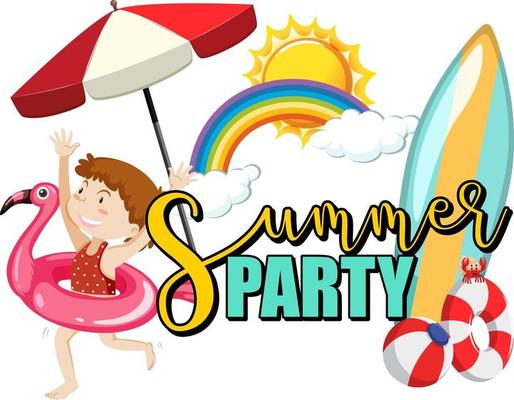 Summer Party text with a girl cartoon character and beach items isolated