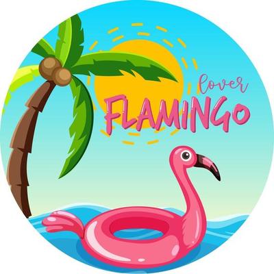 Circle shape banner with flamingo swimming ring floating on the sea isolated