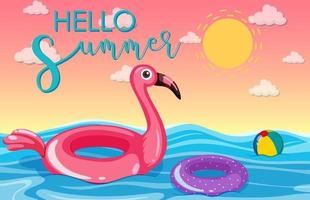 Hello Summer banner with flamingo swimming ring floating in the sea vector