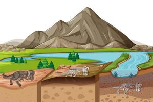 Escena del paisaje natural durante el día con fósiles de dinosaurios en capas de suelo vector