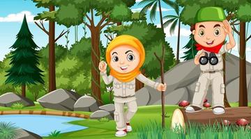 Nature scene with muslim kids exploring in the forest vector