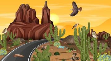 Road through the desert forest landscape scene with desert animals vector