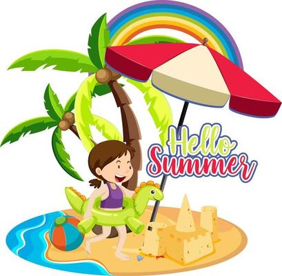 Hello Summer font with a girl on the island isolated