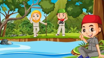 Nature scene with muslim kids exploring in the forest vector