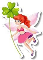 A sticker template with beautiful fairy holding clover leaf cartoon character vector