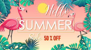 hola banner de venta de verano con flamencos y hojas tropicales vector