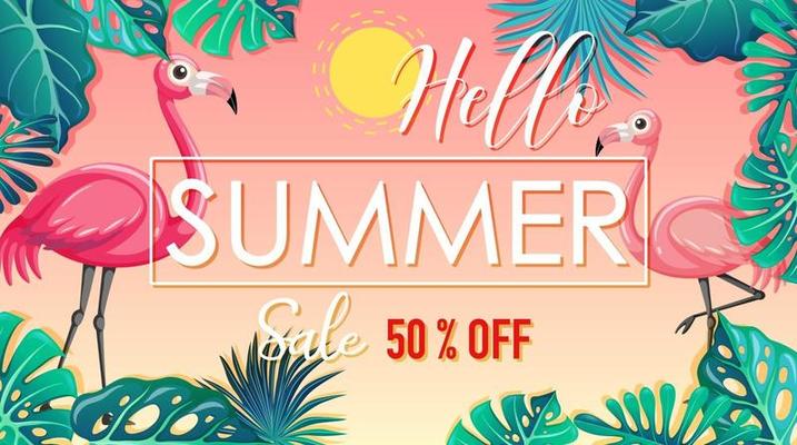 Hello Summer Sale banner with flamingo and tropical leaves