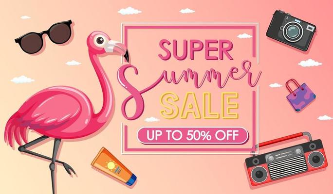 Super Summer Sale banner with a flamingo